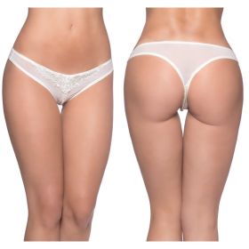 Crotchless Thong With Pearls and Venise Detail - White - One Size**