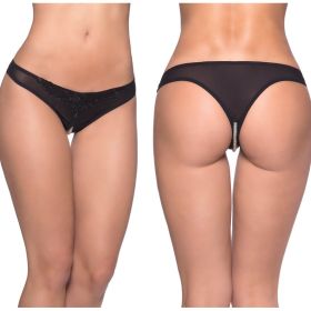 Crotchless Thong With Pearls - One Size - Black**